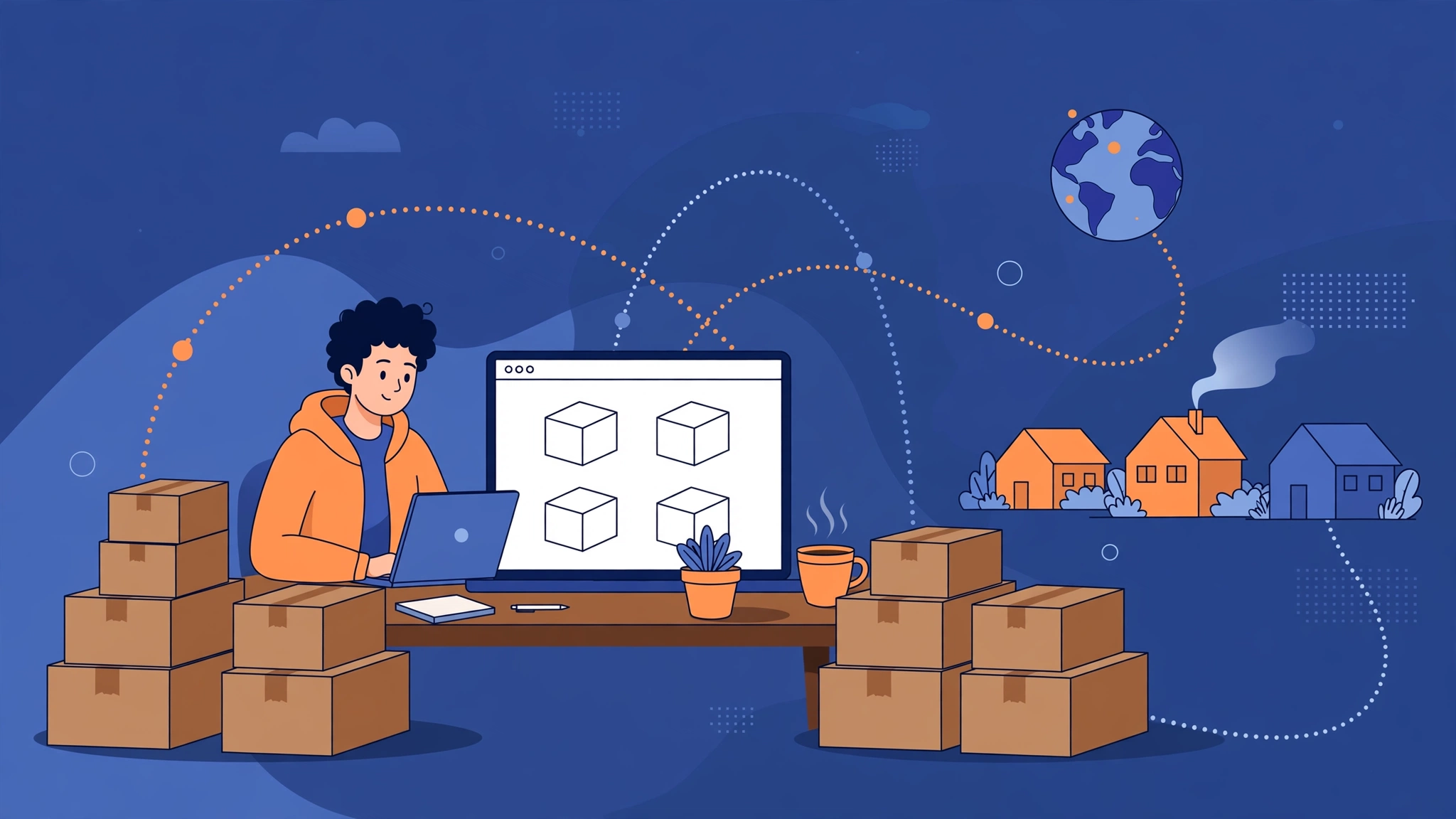 An online seller at a laptop with product boxes, parcels and delivery routes to customers around the world