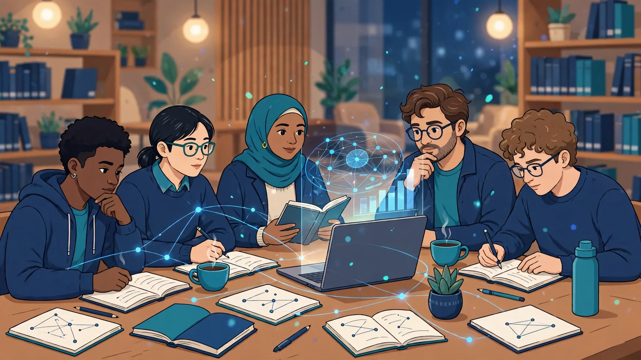 Students studying together with a laptop, books and notes, with subtle digital AI elements
