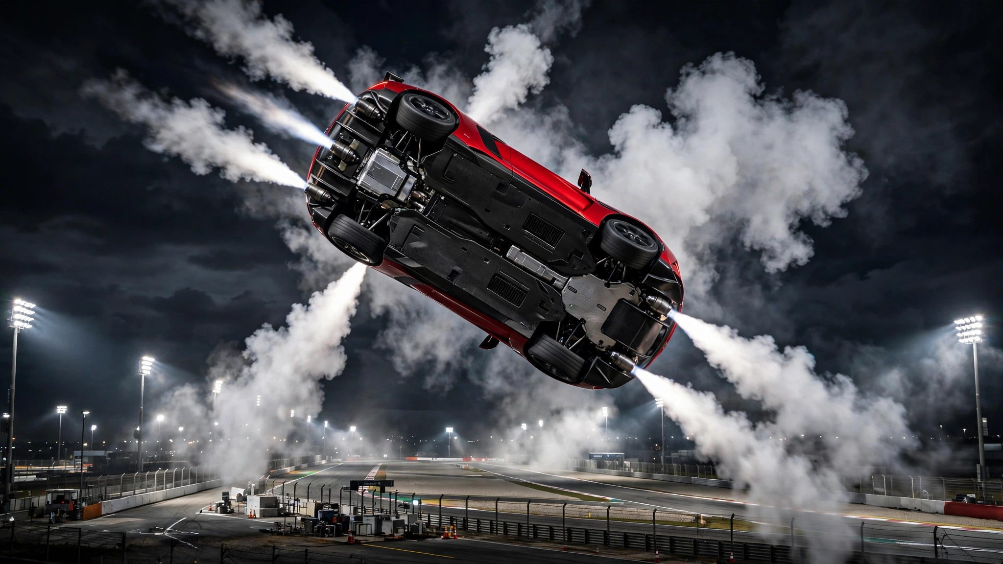 A red sports car flipping in mid-air with white thruster jets firing, at a night-time test event